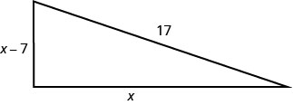 直角三角形の図である。垂直な辺には「x − 7」、水平な底辺には「x」、斜辺には「17」というラベルがある。