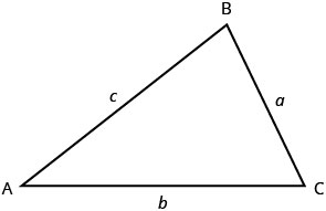 頂点がA、B、Cの三角形。それぞれの頂点に向かい合う辺にa、b、cと記されている。