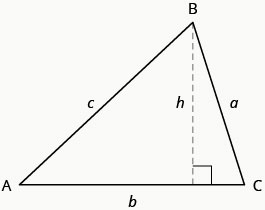 頂点がA、B、Cの三角形。それぞれの頂点に向かい合う辺にa、b、cと記されている。辺bは紙面の下辺に平行で、頂点Bから辺bへ破線が引かれている。この線にhと記され、辺bと直角をなしている。