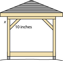 あずまやが描かれている。隅の1つで木材が三角形を作っている。斜辺に10インチ、一方の脚にxと記されている。