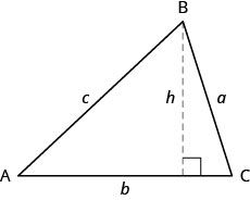 頂点がA、B、Cの三角形。それぞれの頂点に向かい合う辺にa、b、cと記されている。辺bは紙面の下辺に平行で、頂点Bから辺bへ破線が引かれている。この線にhと記され、辺bと直角をなしている。