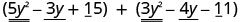 5y²−3y＋15に、3y²−4y−11を加える。