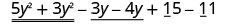 5y²＋3y²、−3y−4y、15−11をそれぞれ同類項として示している。