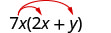 7x(2x＋y)。7xから2xとyに2本の矢印が伸びている。