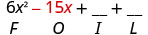 6x²−15x＋空欄＋空欄。15xの下にOがある。