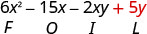 6x²−15x−2xy＋5y。5yの下にLがある。