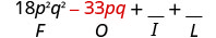 18p²q²−33pq＋空欄＋空欄。−33pqの下にOがある。
