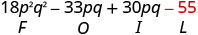 18p²q²−33pq＋30pq−55。−55の下にLがある。