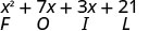 x²＋7x＋3x＋21。各項の下にF、O、I、Lが順にある。