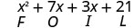 x²＋7x＋3x＋21。各項の下にF、O、I、Lが順にある。