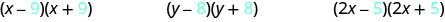 三つの積、(x−9)(x＋9)、(y−8)(y＋8)、(2x−5)(2x＋5)がある。