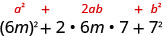 6mの2乗＋2×6m×7＋7²。上に一般形a²＋2ab＋b²がある。