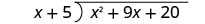 x²＋9x＋20をx＋5で割る筆算。