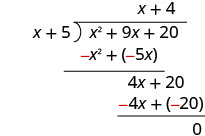 (4x+20)−(4x+20)=0。余りは0。(x²+9x+20)÷(x+5)=x+4。