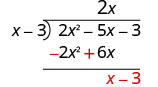 2x²−5xと−2x²+6xの和はx。6xの下に書き、元の式の3番目の項を下ろしてx−3とする。