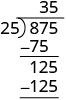 125の中に25は5回入る。筆算の上の3の右に5を書く。5×25=125、125−125=0。余りは0なので、125は25でちょうど5回割れる。875÷25=35。