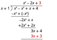 筆算の上で、元の式の4の上に+3を書く。3x+4の下に3x+3を書く。
