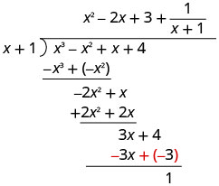 3x+4と−3x−3の和は1。したがって、(x³−x²+x+4)÷(x+1)=x²−2x+1/(x+1)。