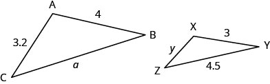 上の図は二つの相似な三角形を示している。各三角形の2辺が与えられている。大きい三角形はABCで、AからBまでの長さは4、BからCまではa、CからAまでは3.2である。小さい三角形はXYZで、XからYまでの長さは3、YからZまでは4.5、ZからXまではyである。