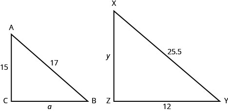 上の図は二つの相似な三角形を示している。小さい三角形はABCで、2辺の長さが与えられている。AからBまでの長さは17、BからCまではa、CからDまでは15である。大きい三角形はXYZで、2辺の長さが与えられている。XからYまでの長さは25.5、YからZまでは12、ZからXまではyである。