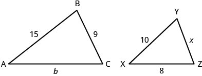 上の図には二つの三角形がある。大きい三角形はABCで、AからBまでの長さは15、AからCまではb、BからCまでは9である。小さい三角形はXYZで、XからYまでの長さは10、XからZまでは8、YからZまではxである。