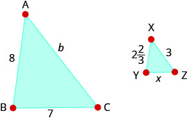 この図には二つの三角形がある。大きい三角形はABCで、AからBまでの長さは8、BからCまでは7、CからAまではbである。小さい三角形はxyzで、xからyまでの長さは2と2/3、yからzまではx、xからzまでは3である。