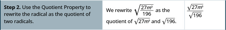 2行目には「手順2。商の性質を使い、根号の式を二つの根号の式の商に書き直す」とある。続いて「√(27m³/196)を√(27m³)と√196の商に書き直す」とあり、√(27m³)/√196が示されている。