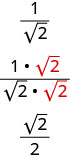 この図には三つの分数がある。最初は1/√2、2番目は(1×√2)/(√2×√2)、3番目は√2/2である。