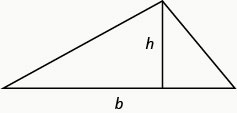 下部の水平な辺に b と付けられた三角形の図。辺 b から、残りの2辺が交わる頂点に向かって垂直な線が上に延びている。この垂直な線には h と付けられている。