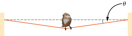 両端を固定した電線の中央に鳥が止まり、その重さで線がたわんで、左右とも水平と角θをなしている図。