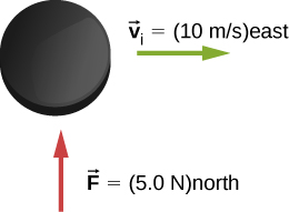 パックに北向きの力F=5.0 Nが働き、初速度v_i=10 m/sは東向きに示されている。