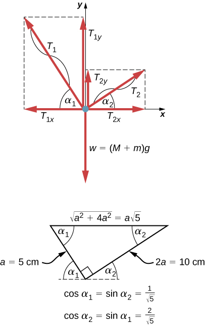 上図は、糸を皿につなぐ結び目の力の図。T_1とT_2は上向きに引き、重力(M+m)gは下向きに引く。T_1とT_2のx、y成分も示される。下図は糸が作る直角三角形で、直角を挟む辺はaと2a、a=5 cm。斜辺は√5と示される。短い辺と斜辺の角がα_1、長い辺と斜辺の角がα_2である。cosα_1=sinα_2=1/√5、cosα_2=sinα_1=2/√5となる。