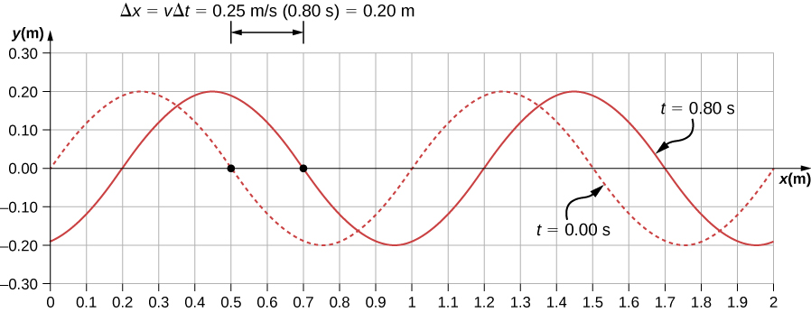 yが−0.2 mから0.2 mまで変わる二つの横波。点線のt=0秒の波は、x=0.25 mと1.25 mに山がある。実線のt=0.8秒の波は、x=0.45 mと1.45 mに山がある。
